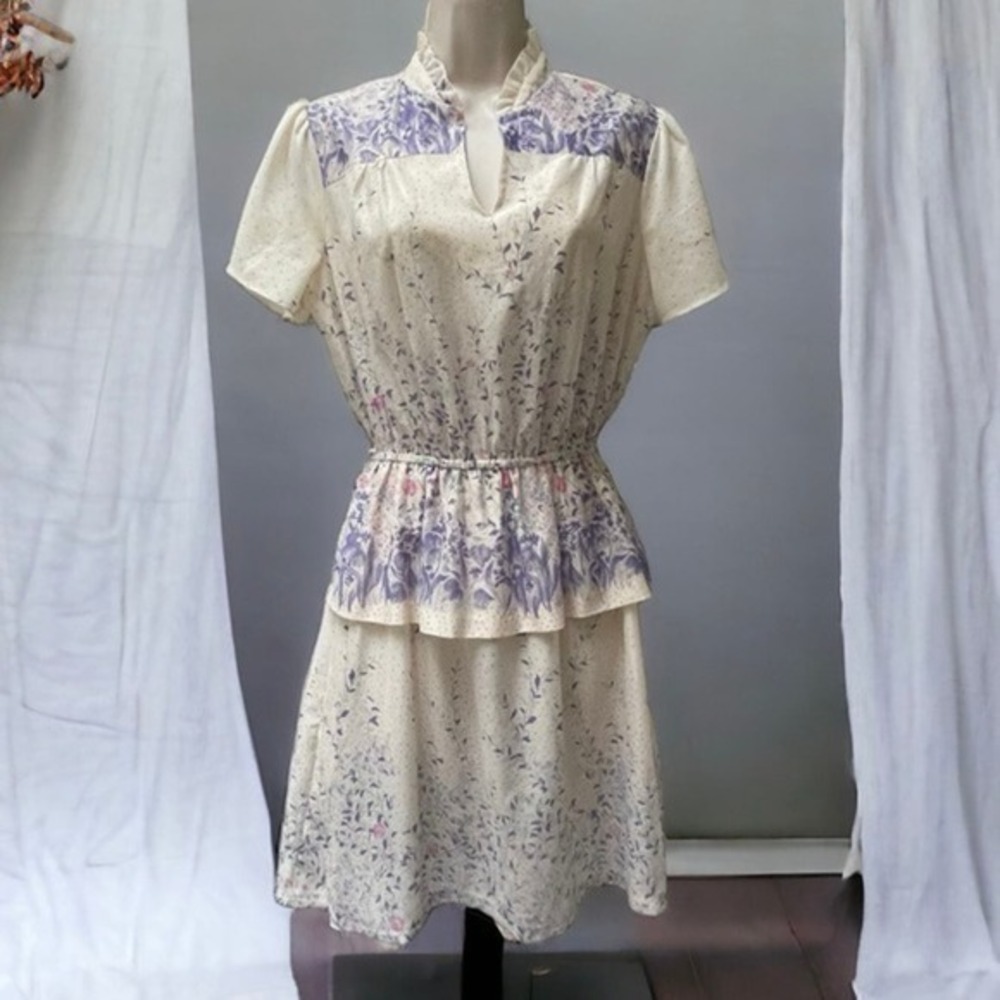 70s Sheer White Purple Floral Peplum Dress Flutter Sleeve Romantic Sz Small